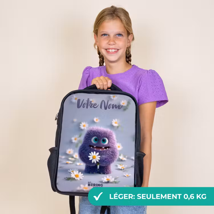 Sac à dos enfant avec votre nom - Noir - Ami pelucheux violet avec marguerite — 9
