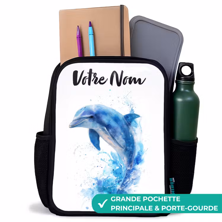 Sac à dos enfant avec votre nom - Noir - Dauphin bleu sauteur — 10