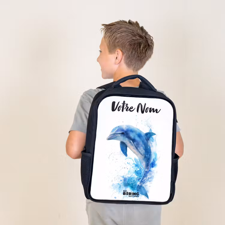 Sac à dos enfant avec votre nom - Noir - Dauphin bleu sauteur — 2