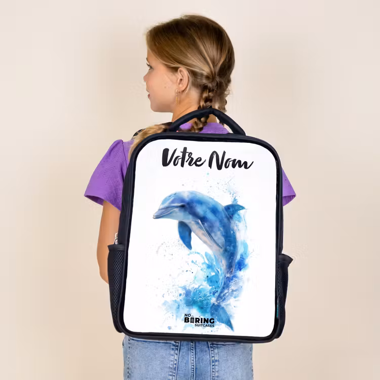 Sac à dos enfant avec votre nom - Noir - Dauphin bleu sauteur — 4
