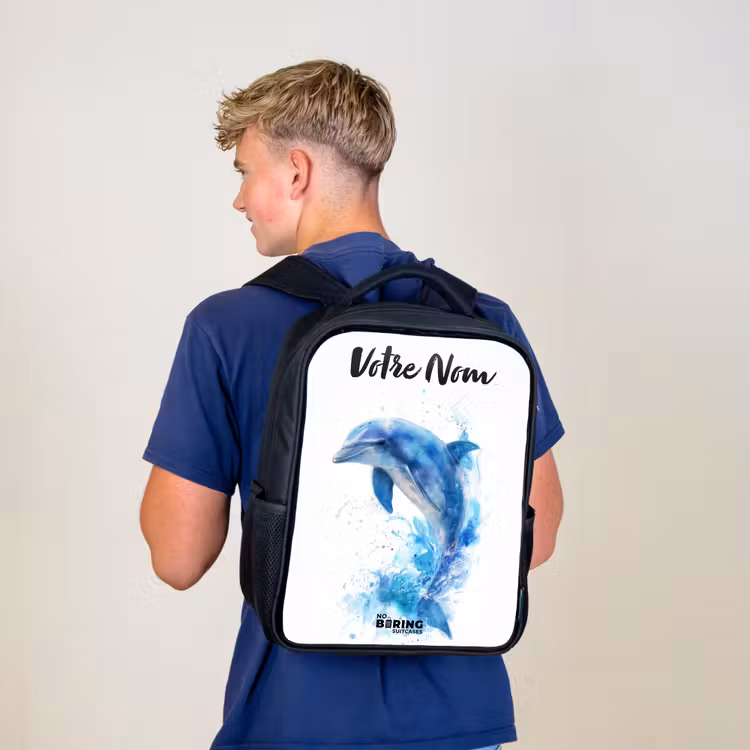 Sac à dos enfant avec votre nom - Noir - Dauphin bleu sauteur — 5