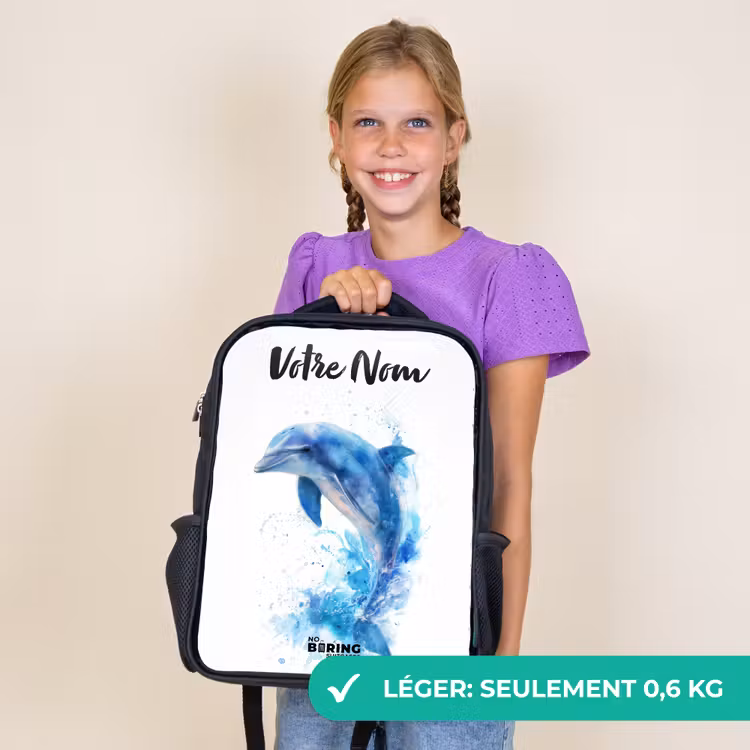 Sac à dos enfant avec votre nom - Noir - Dauphin bleu sauteur — 9