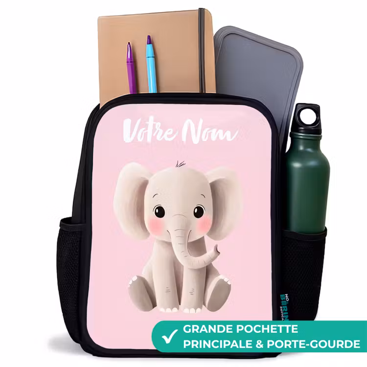 Sac à dos enfant avec votre nom - Noir - Eléphant - Gris - Bébé - Tronc — 10