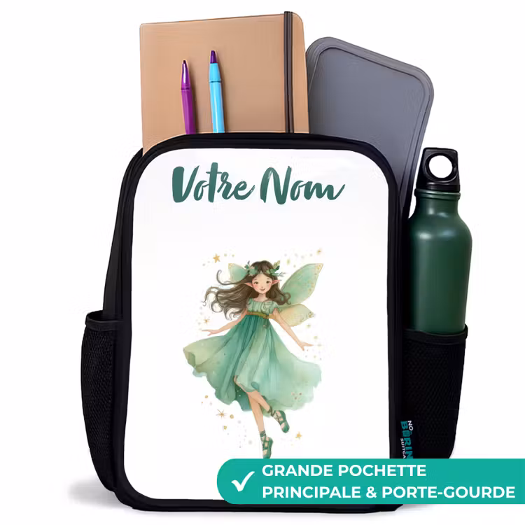Sac à dos enfant avec votre nom - Noir - Elfe vert flottant — 10