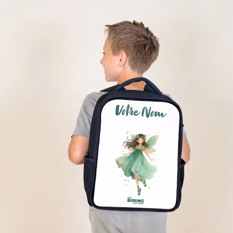 Sac à dos enfant avec votre nom - Noir - Elfe vert flottant — 2