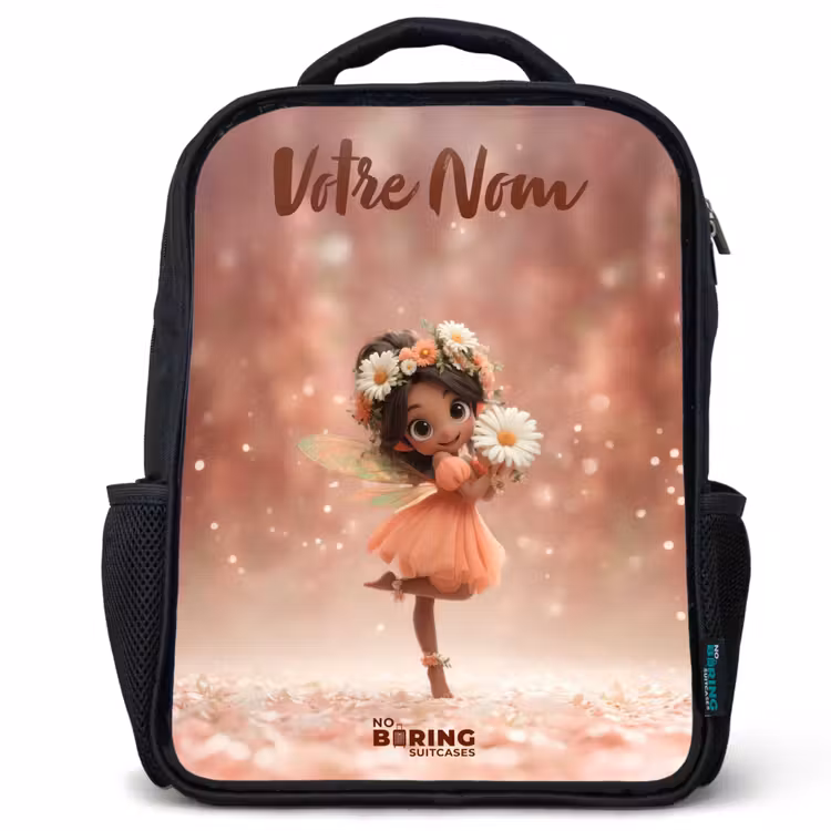Sac à dos enfant avec votre nom - Noir - Fée avec marguerites — 1