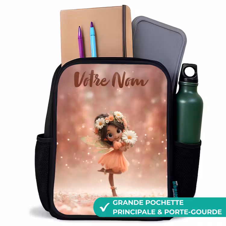 Sac à dos enfant avec votre nom - Noir - Fée avec marguerites — 10