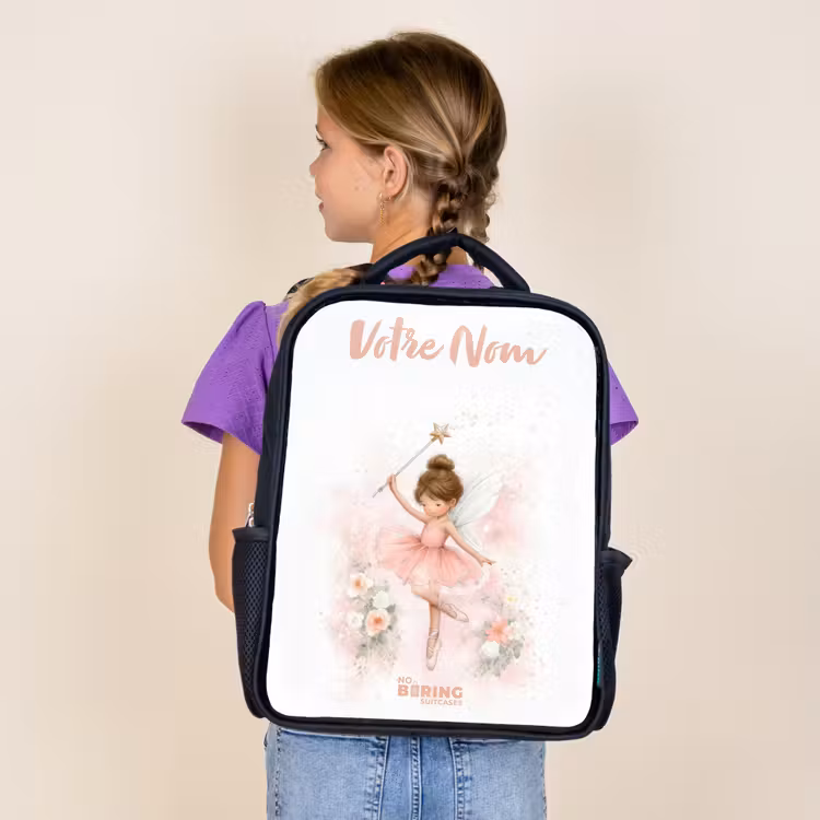 Sac à dos enfant avec votre nom - Noir - Fée ballerine en rose — 4