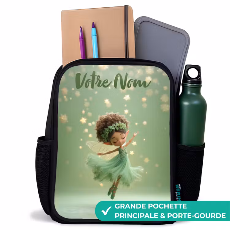 Sac à dos enfant avec votre nom - Noir - Fée dansante dans la lumière verte — 10
