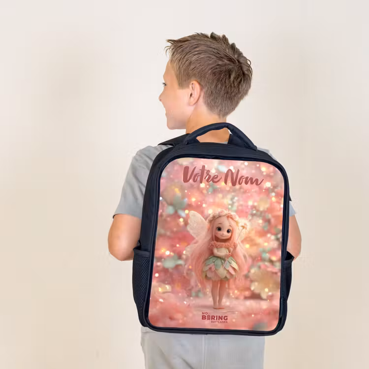 Sac à dos enfant avec votre nom - Noir - Fée des fleurs dans un monde de conte de fées rose — 2
