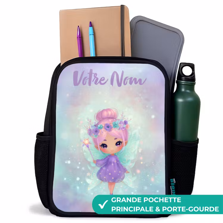 Sac à dos enfant avec votre nom - Noir - Fée des fleurs en pastel brillant — 10