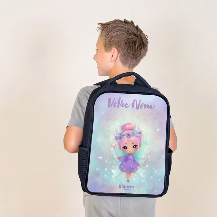 Sac à dos enfant avec votre nom - Noir - Fée des fleurs en pastel brillant — 2