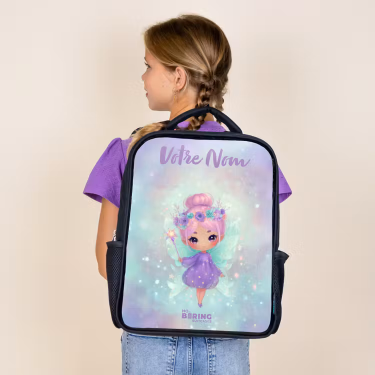 Sac à dos enfant avec votre nom - Noir - Fée des fleurs en pastel brillant — 4