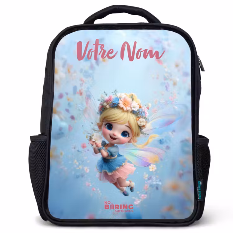 Sac à dos enfant avec votre nom - Noir - Fée papillon dans l'air des fleurs — 1