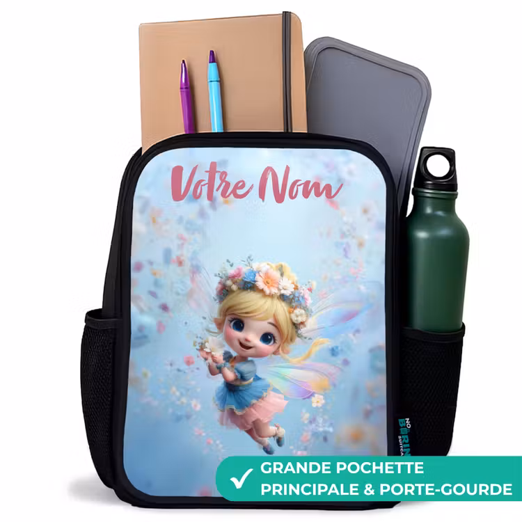 Sac à dos enfant avec votre nom - Noir - Fée papillon dans l'air des fleurs — 10