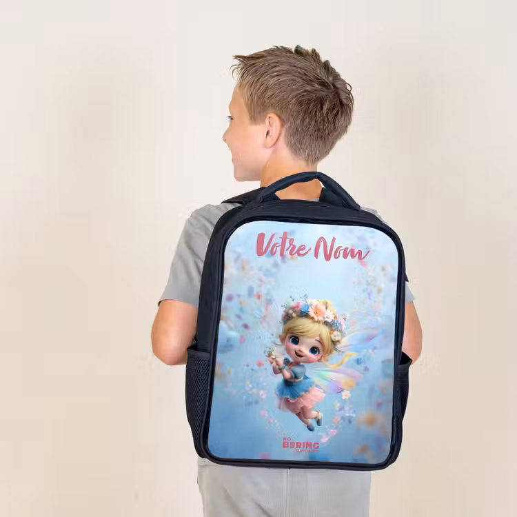 Sac à dos enfant avec votre nom - Noir - Fée papillon dans l'air des fleurs — 2