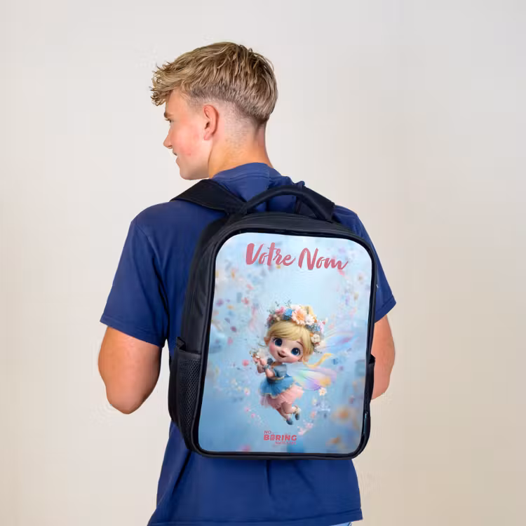 Sac à dos enfant avec votre nom - Noir - Fée papillon dans l'air des fleurs — 5