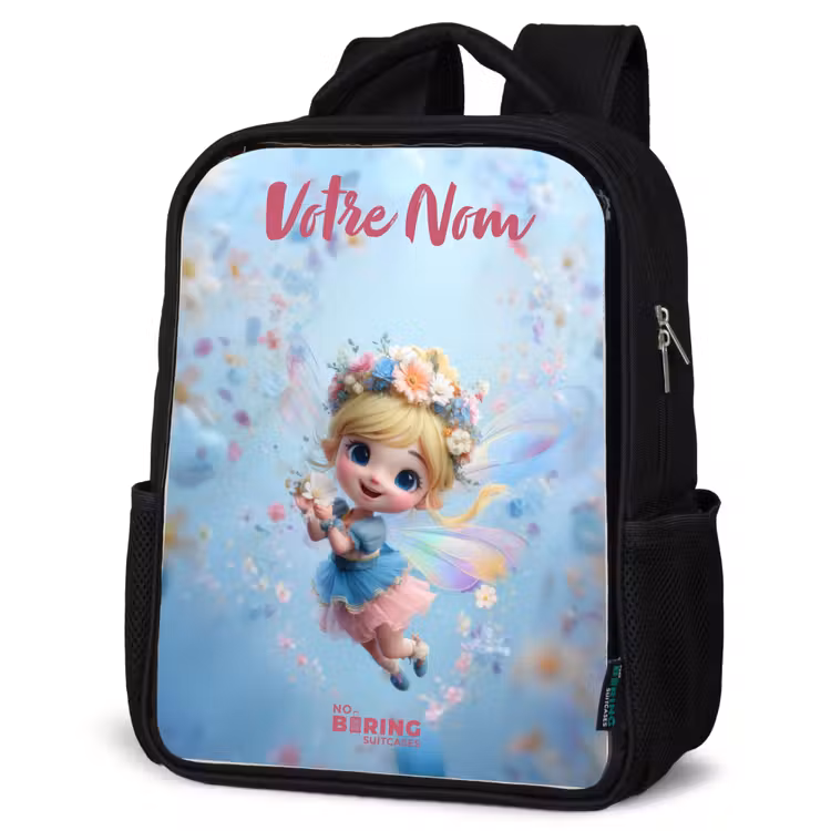 Sac à dos enfant avec votre nom - Noir - Fée papillon dans l'air des fleurs — 6