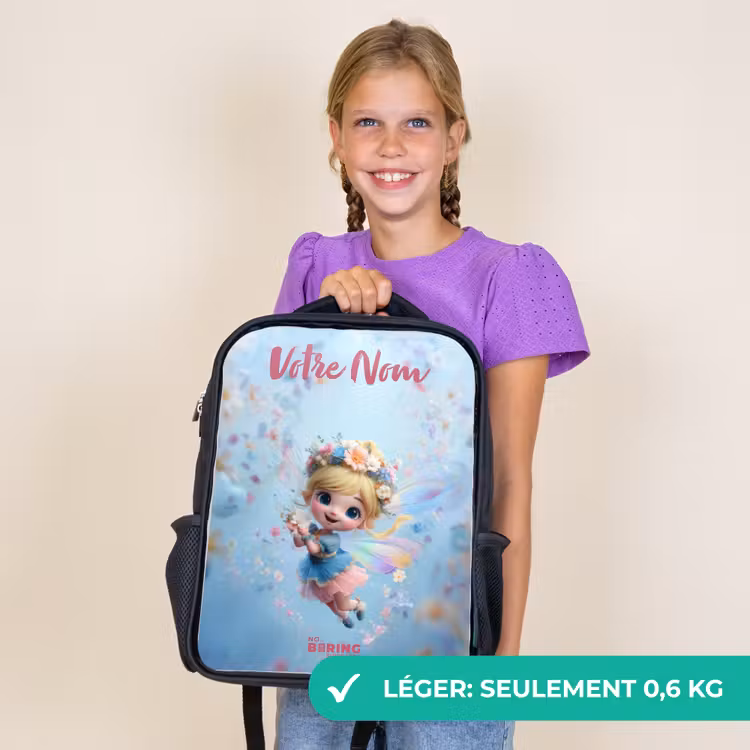 Sac à dos enfant avec votre nom - Noir - Fée papillon dans l'air des fleurs — 9