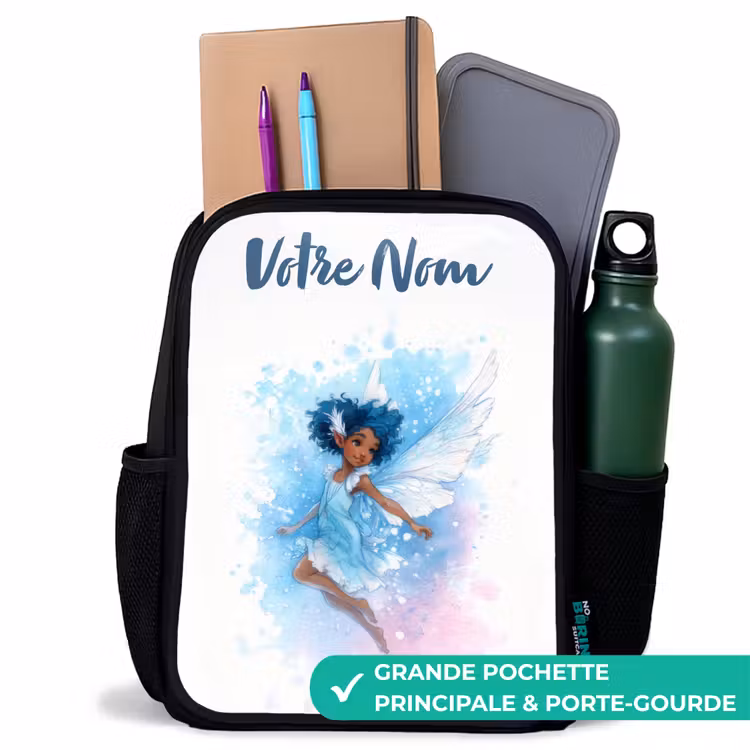 Sac à dos enfant avec votre nom - Noir - Fée volante dans les tons bleus — 10