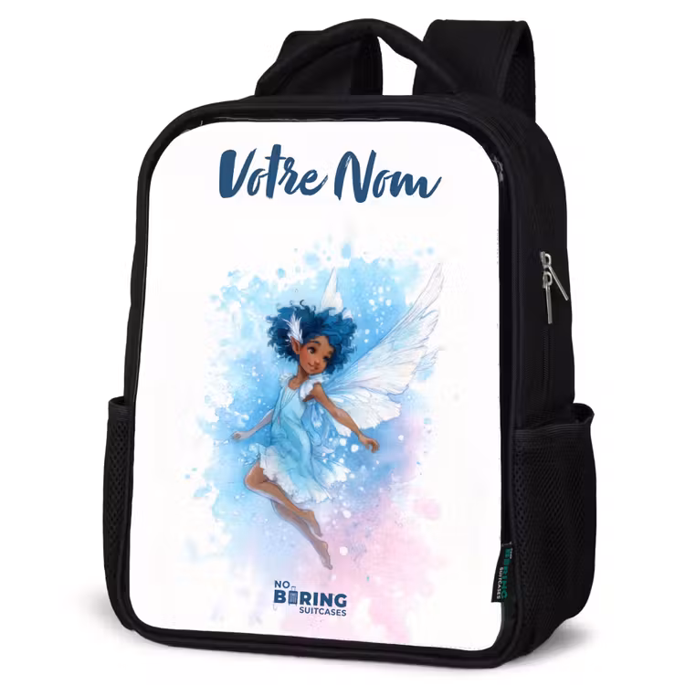 Sac à dos enfant avec votre nom - Noir - Fée volante dans les tons bleus — 6