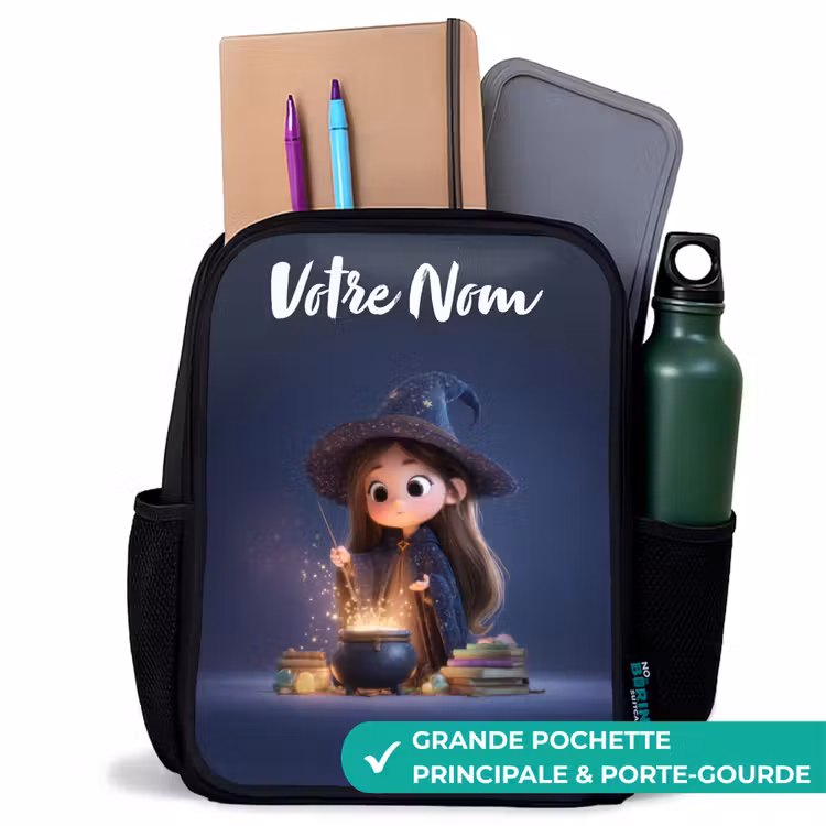 Sac à dos enfant avec votre nom - Noir - Fille enchantée avec chaudron — 10