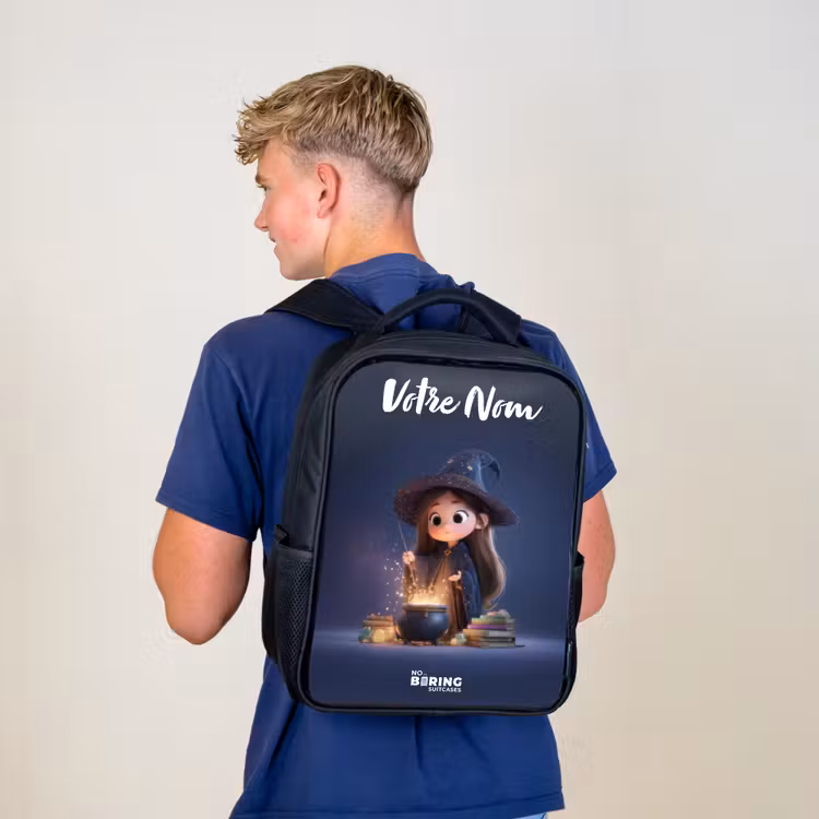 Sac à dos enfant avec votre nom - Noir - Fille enchantée avec chaudron — 5