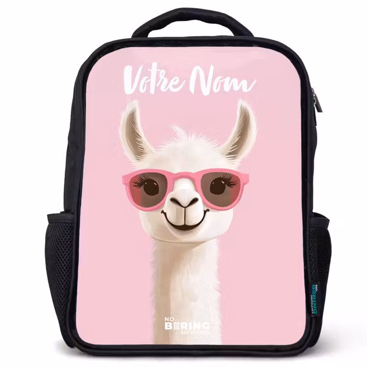 Sac à dos enfant avec votre nom - Noir - Llama - Blanc - Lunettes de soleil - Cils — 1