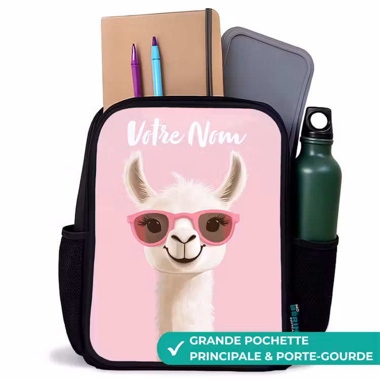 Sac à dos enfant avec votre nom - Noir - Llama - Blanc - Lunettes de soleil - Cils — 10