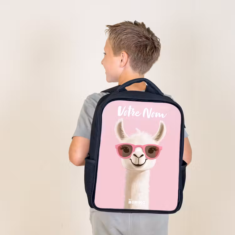 Sac à dos enfant avec votre nom - Noir - Llama - Blanc - Lunettes de soleil - Cils — 2