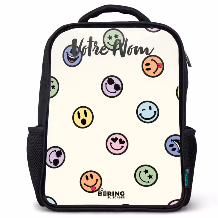 Sac à dos enfant avec votre nom - Noir - Mélange de smileys espiègles — 1