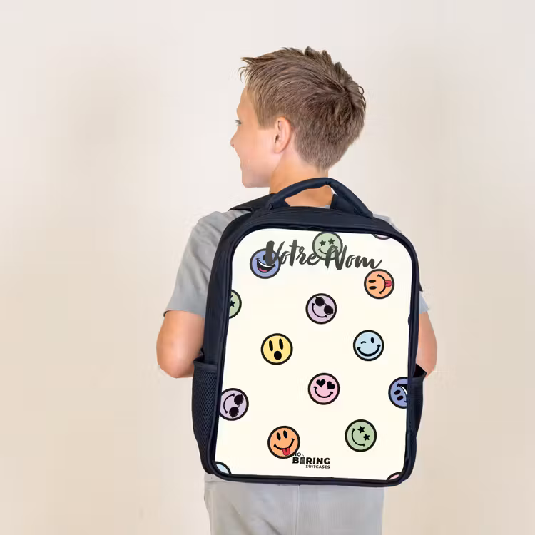 Sac à dos enfant avec votre nom - Noir - Mélange de smileys espiègles — 2