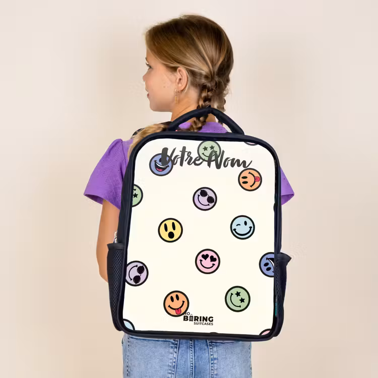 Sac à dos enfant avec votre nom - Noir - Mélange de smileys espiègles — 4