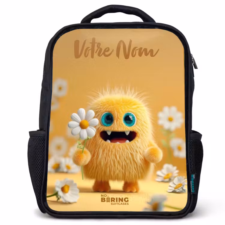 Sac à dos enfant avec votre nom - Noir - Monstre - Créature - Fleur - Jaune — 1