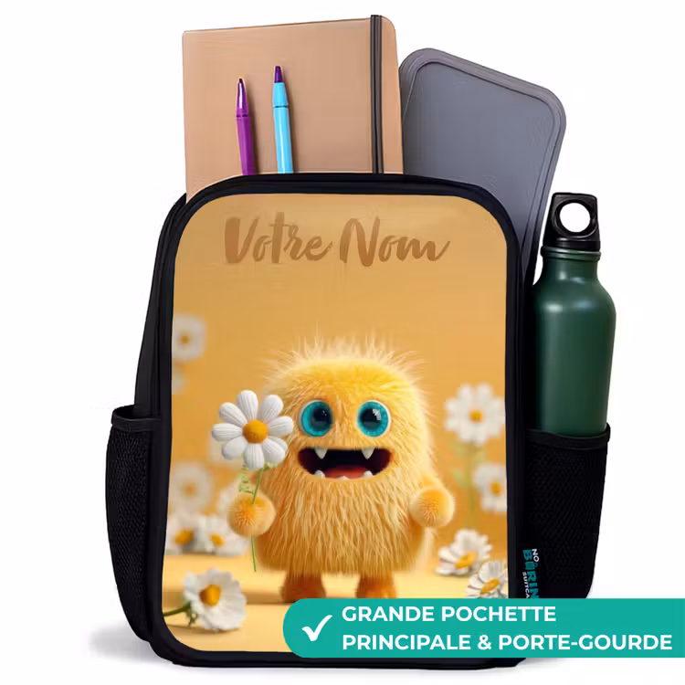 Sac à dos enfant avec votre nom - Noir - Monstre - Créature - Fleur - Jaune — 10