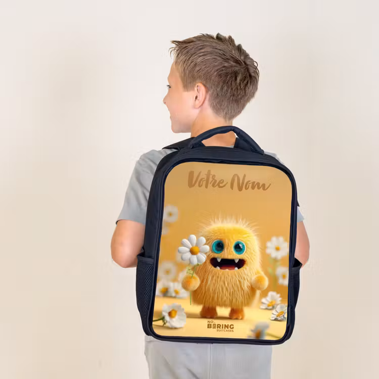 Sac à dos enfant avec votre nom - Noir - Monstre - Créature - Fleur - Jaune — 2