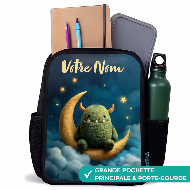 Sac à dos enfant avec votre nom - Noir - Monstre vert sur croissant de lune — 10