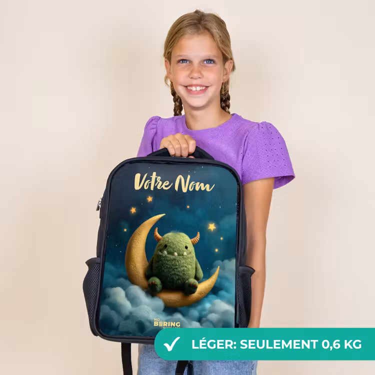 Sac à dos enfant avec votre nom - Noir - Monstre vert sur croissant de lune — 9
