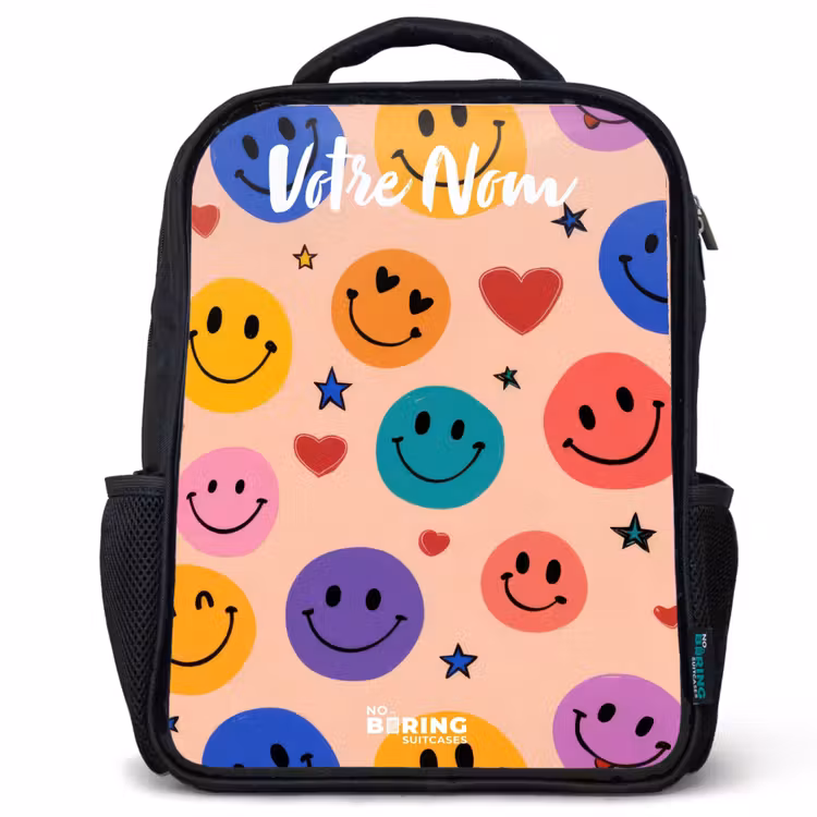 Sac à dos enfant avec votre nom - Noir - Motif Smiley joyeux — 1