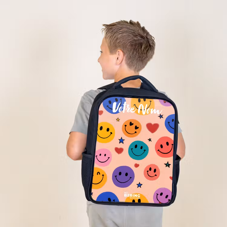 Sac à dos enfant avec votre nom - Noir - Motif Smiley joyeux — 2