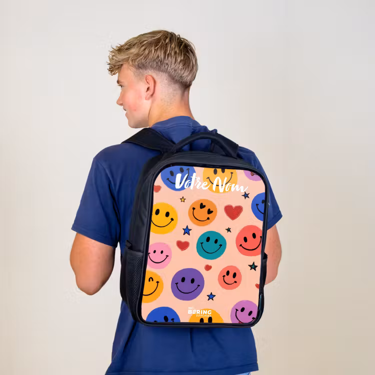 Sac à dos enfant avec votre nom - Noir - Motif Smiley joyeux — 5