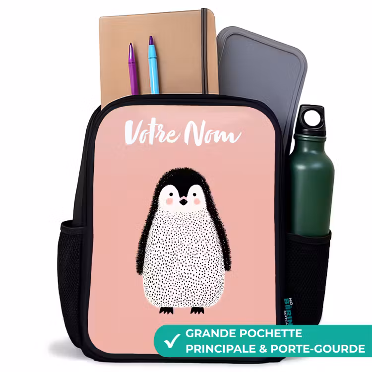 Sac à dos enfant avec votre nom - Noir - Pingouin - Points - Rose - Minimaliste — 10