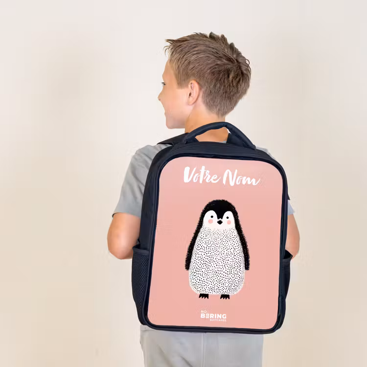 Sac à dos enfant avec votre nom - Noir - Pingouin - Points - Rose - Minimaliste — 2