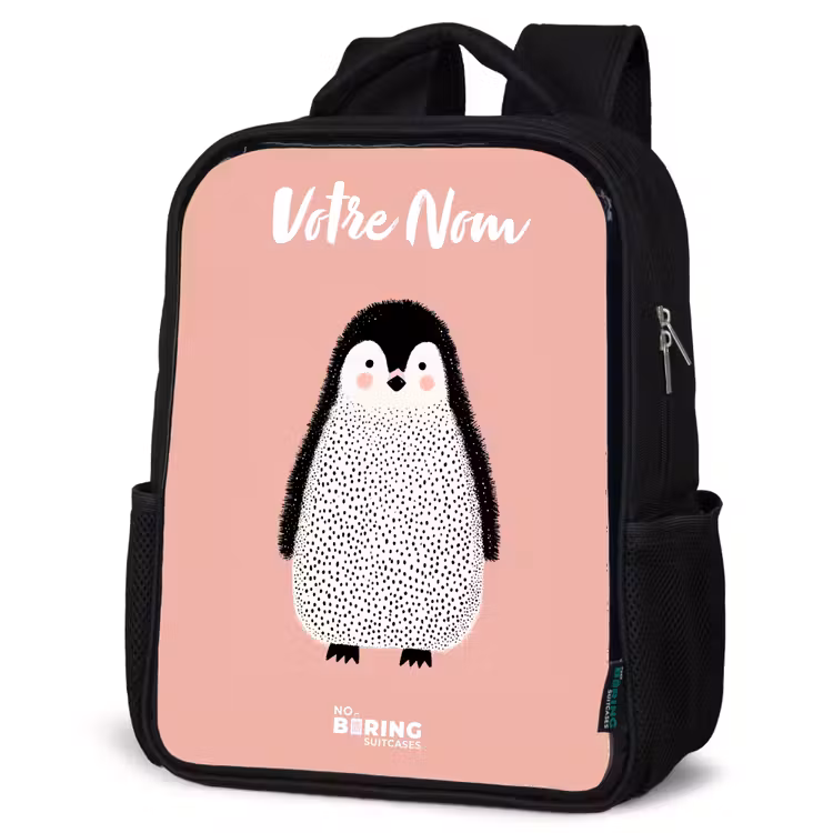 Sac à dos enfant avec votre nom - Noir - Pingouin - Points - Rose - Minimaliste — 6