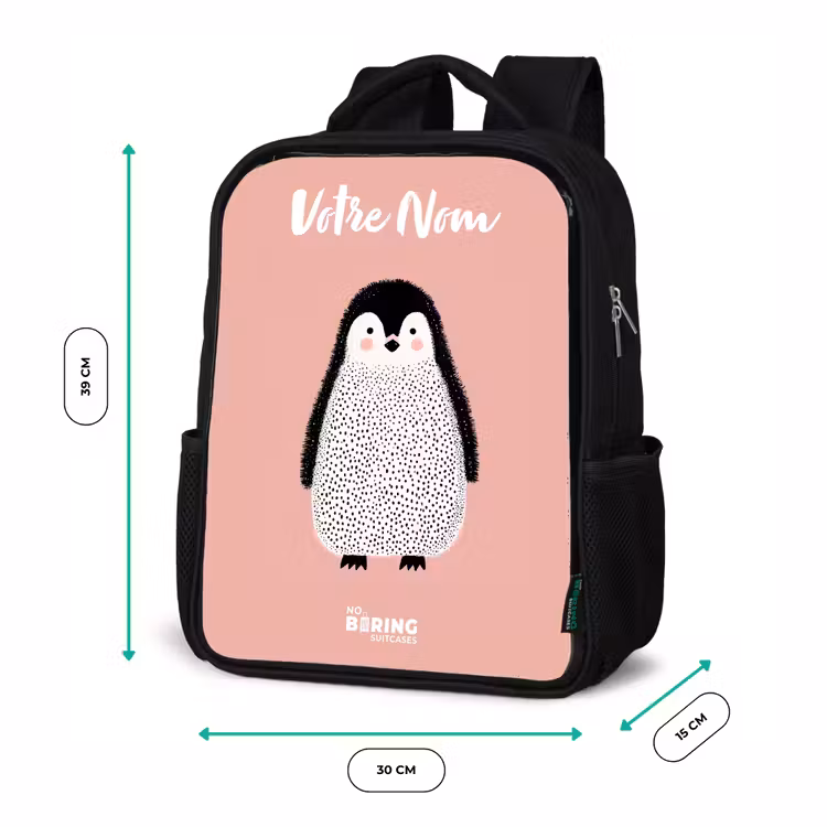 Sac à dos enfant avec votre nom - Noir - Pingouin - Points - Rose - Minimaliste — 8