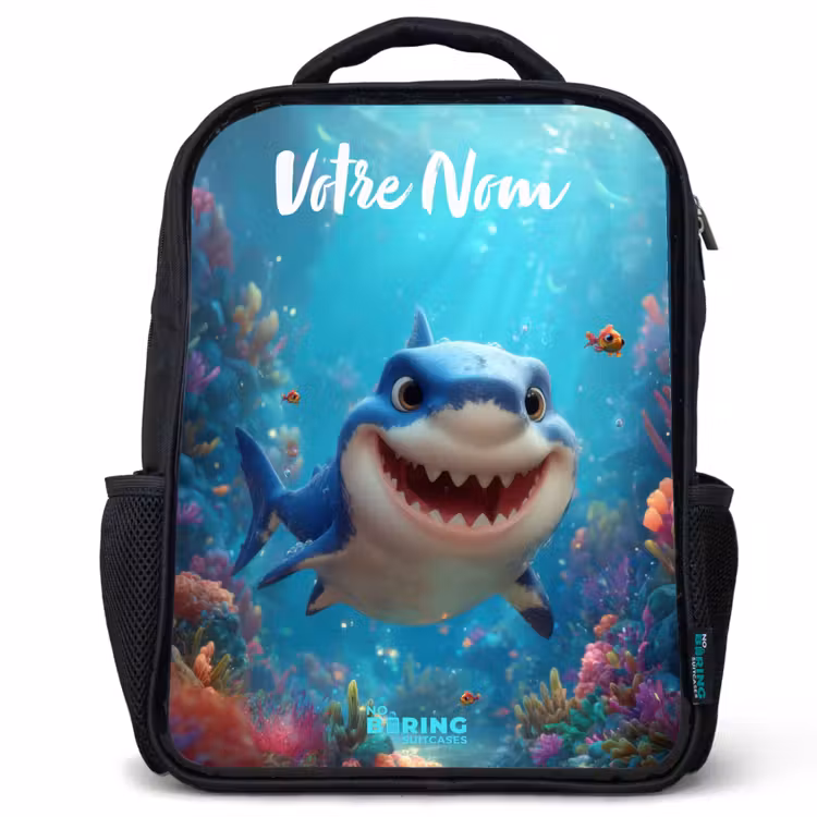 Sac à dos enfant avec votre nom - Noir - Récif - Corail - Requin - Animal — 1