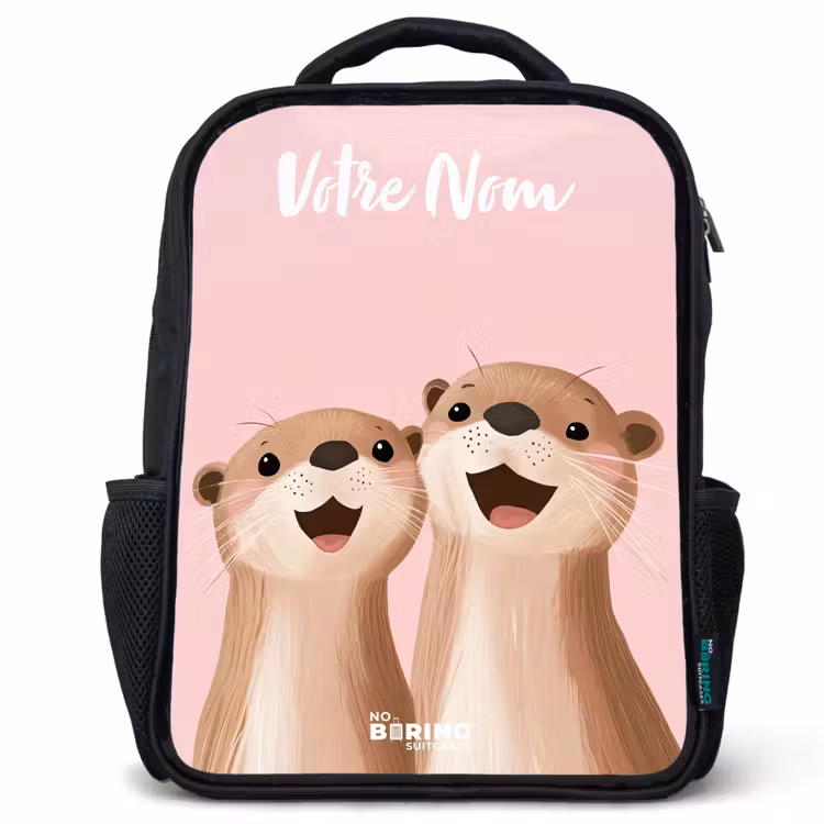Sac à dos enfant avec votre nom - Noir - Sourire - Loutre - Rose - Illustration — 1