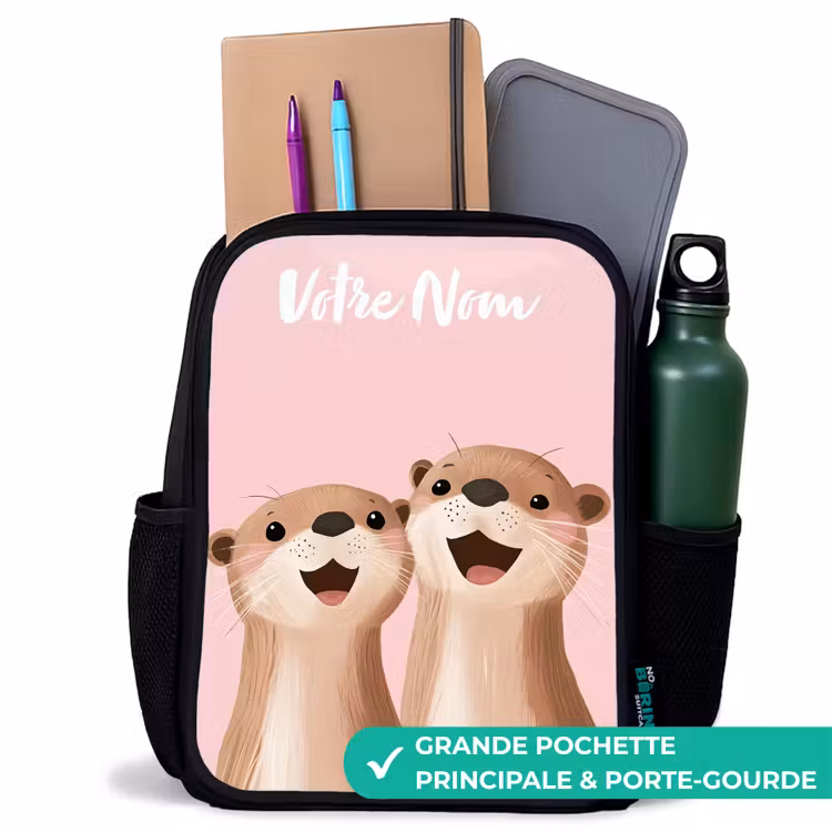 Sac à dos enfant avec votre nom - Noir - Sourire - Loutre - Rose - Illustration — 10