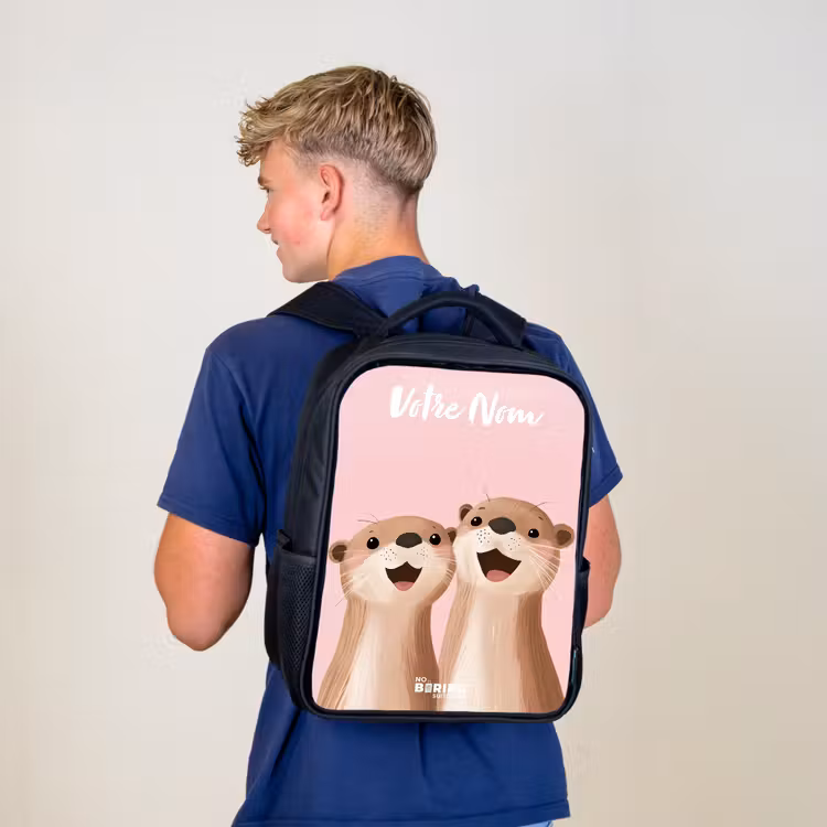 Sac à dos enfant avec votre nom - Noir - Sourire - Loutre - Rose - Illustration — 5