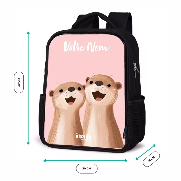 Sac à dos enfant avec votre nom - Noir - Sourire - Loutre - Rose - Illustration — 8